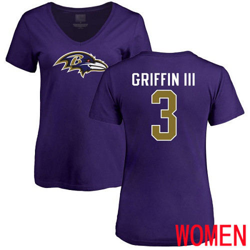 Baltimore Ravens Purple Women Robert Griffin III Name and Number Logo NFL Football #3 T Shirt